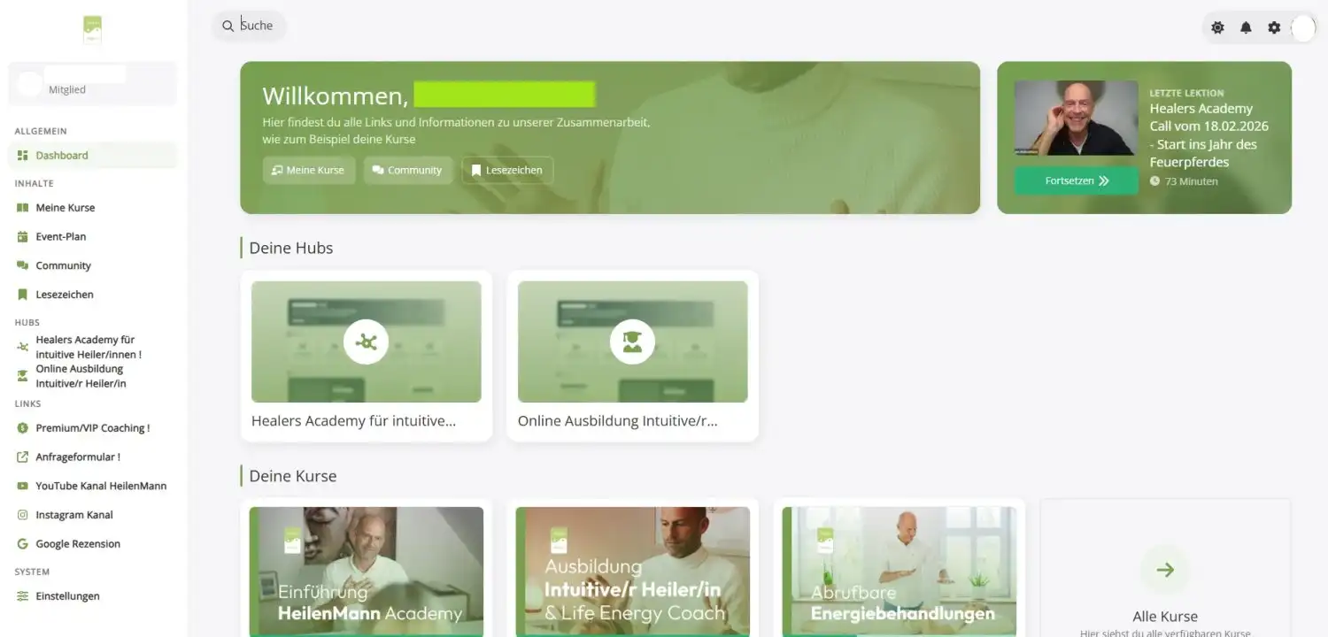 Dein Dashboard: alle Bereiche, Links und die letzte Lektion auf einen Blick.